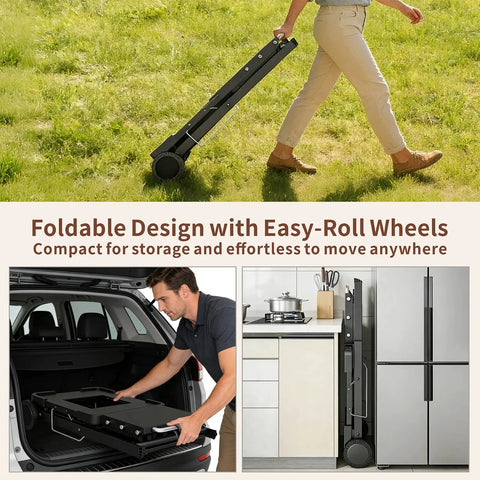 Heavy Duty Foldable Outdoor Grill Stand with Wide Ninja Woodfire and Blackstone Compatibility, compact for storage and transport.
