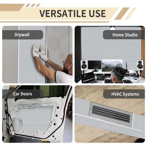 Badass PEF Foam Insulation Roll With Thick Aluminum Coating Peel And Stick Backing 13 By 78 Inch shown on drywall and in home studio, car doors, HVAC systems.