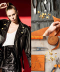 60 Pairs Solid Brass Chicago Screws For Belts And Jeans Including Heavy Duty Hole Punch Kit For Leather Straps And Clothing Repair Built Like A Tank With Corrosion Resistant Gold Finish That Hits Different On Every Project displayed with sewing tools and a model wearing a black leather jacket.