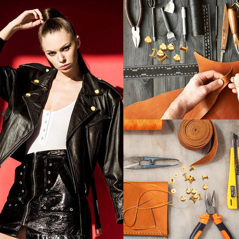 60 Pairs Solid Brass Chicago Screws For Belts And Jeans Including Heavy Duty Hole Punch Kit For Leather Straps And Clothing Repair Built Like A Tank With Corrosion Resistant Gold Finish That Hits Different On Every Project displayed with sewing tools and a model wearing a black leather jacket.