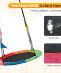 Image of a 40 Inch Saucer Tree Swing for Kids and Adults showing multicolored design and 600D fabric details for outdoor use.
