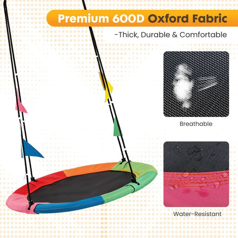 Image of a 40 Inch Saucer Tree Swing for Kids and Adults showing multicolored design and 600D fabric details for outdoor use.