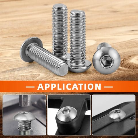 Top Shelf M6-1.0 X 12mm Stainless Steel Button Head Socket Cap Screws Featuring Hex Drive, showing applications on wood and metal.