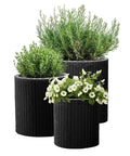 Three Sizes Rattan Resin Planter Set For Indoor And Outdoor Plants In Black With Cylindrical Design And Drainage Plug Ideal Porch And Patio Decor Durable Indoor Outdoor Planters For Modern Home, displaying three black cylindrical rattan resin planters with plants.