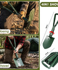 All Terrain Survival Gear Kit With First Aid Supplies And Tactical Crossbody Bag shows folding shovel in use for hoeing and camping