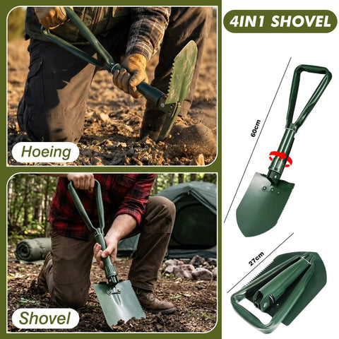All Terrain Survival Gear Kit With First Aid Supplies And Tactical Crossbody Bag shows folding shovel in use for hoeing and camping