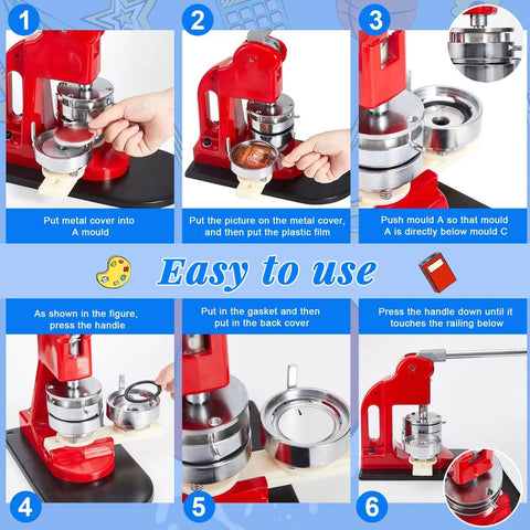 Step-by-step guide for using a 100 Sets Button Maker Kit 58mm 2.25 Inch with metal shells, films, back covers, and keychains included.