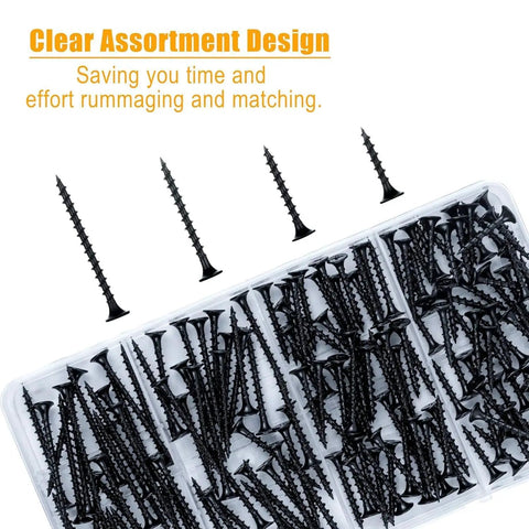 Drywall And Wood Screws 165 Piece Assortment Kit Size 6 Black Coarse Thread With Phillips Bugle Head 1 Inch To 2 Inch Lengths