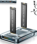 Industrial Grade Dual Bay M.2 SSD Cloner with dual slots for SSDs and USB cables highlighting 20Gbps capacity.