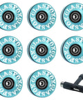 Eight sea blue 78A outdoor indoor quad roller skate wheels 65x35mm ABEC9 bearings, gummy PU with tool for street, park or rink.