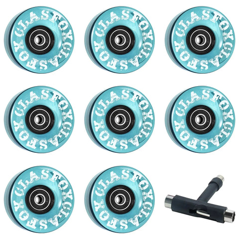 Eight sea blue 78A outdoor indoor quad roller skate wheels 65x35mm ABEC9 bearings, gummy PU with tool for street, park or rink.
