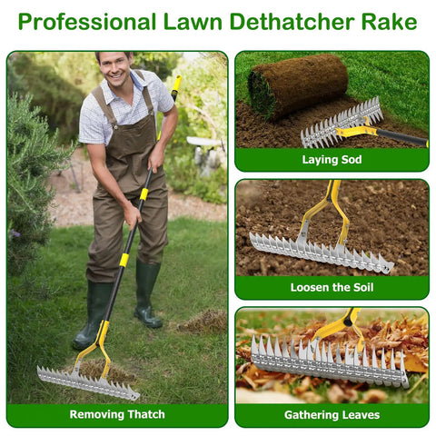 Thatch Rake For Lawns 15 Inch Dethatcher With Heavy Duty Steel Tines Removes Dead Grass And Thatch Improves Aeration And Soil