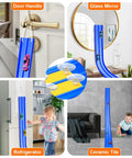 15 Foot Flexible Double Lane Race Track For 1 64th Diecast Cars attached to doors, glass, fridge, showcasing suction cups in blue color