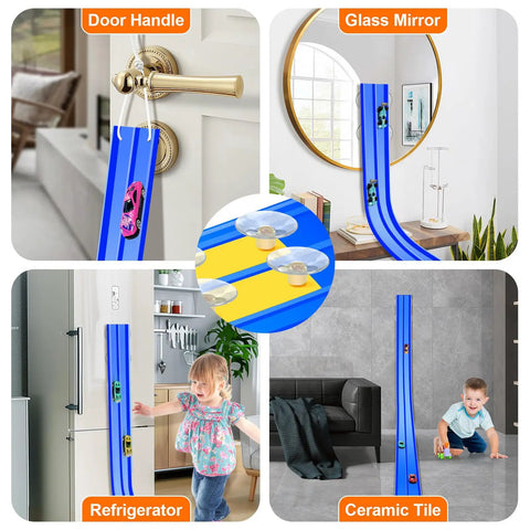 15 Foot Flexible Double Lane Race Track For 1 64th Diecast Cars attached to doors, glass, fridge, showcasing suction cups in blue color