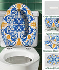Toilet Seat Elongated Resin for Bathroom with blue and orange floral design, featuring quick release and stainless steel hinge.