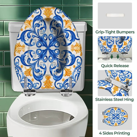 Toilet Seat Elongated Resin for Bathroom with blue and orange floral design, featuring quick release and stainless steel hinge.