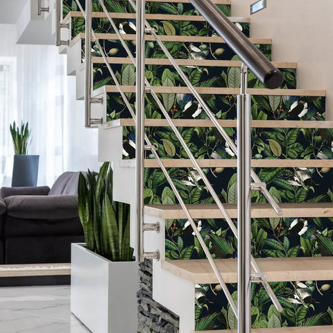 Tropical Jungle Leaves Peel And Stick Wallpaper 17.7 By 118 Inches Vinyl Self Adhesive Green Floral Wall Covering With Exotic Birds And Fruits Removable Matte Backdrop on staircase risers