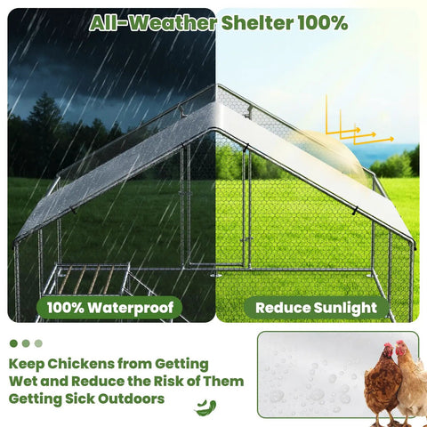Large Metal Chicken Coop With Walk In Roosting Ladder, UV Resistant Cover, Waterproof Roof, Rust Resistant Steel Frame