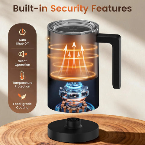 4-In-1 Electric Milk Frother And Steamer with built-in security features on wooden surface
