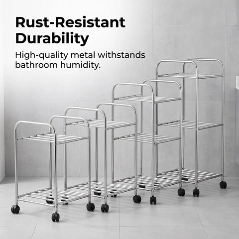 Floor Standing Metal Storage Rack For Laundry And Home Organization Movable And Rust Resistant Minimalist Shelving Unit