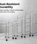 Row of heavy duty metal storage racks on wheels, showing rust-resistant steel for pantry garage and laundry room organization.
