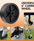 XIANGZI 6-inch trailer jack wheel replacement, black plastic wheel, 1200lb capacity; collage of 5 views showing tongue-jack installation