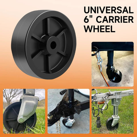 XIANGZI 6-inch trailer jack wheel replacement, black plastic wheel, 1200lb capacity; collage of 5 views showing tongue-jack installation
