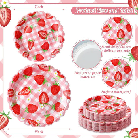 Totally Dope Pink Plaid Strawberry Print Disposable Paper Plates 60 Pack With 9 And 7 Inch Sizes, showcasing a 7-inch and a 9-inch plate.