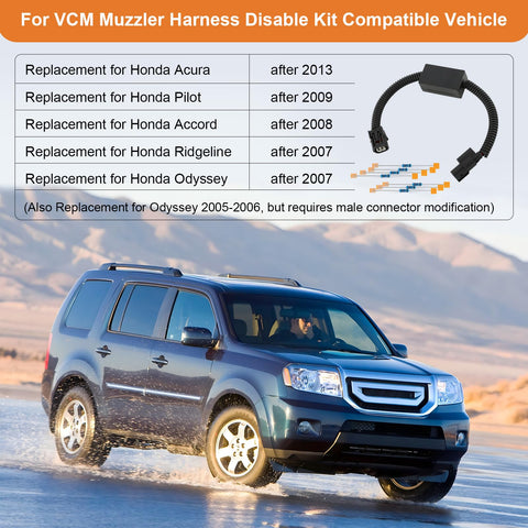 VCM Muzzler Harness Disable Kit For 3.5L V6 Engines Plug And Play Upgrade displayed with compatible vehicle models list and SUV.