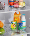 Smooth As Butter 4 Pack Lazy Susan Turntables in fridge, clear plastic turntables organizing jars and drinks.