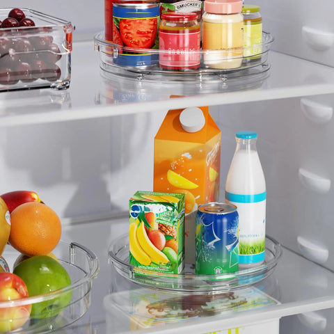 Smooth As Butter 4 Pack Lazy Susan Turntables in fridge, clear plastic turntables organizing jars and drinks.