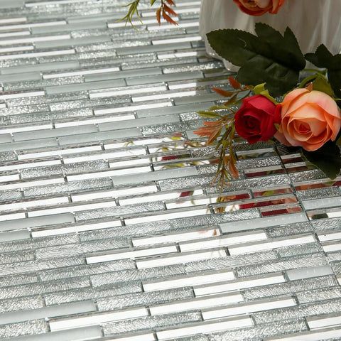 Peel And Stick Mirror Tile Strips Mosaic For Kitchen Backsplash, Silver Crystal Glass Tiles, DIY Easy Install, with floral decor