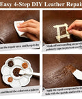 Heavy Duty Leather And Vinyl Repair Kit For Couches And Car Seats With Fast Acting Glue Custom Color Match to demonstrate 4-step leather repair process.