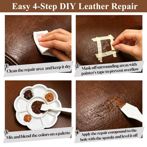 Heavy Duty Leather And Vinyl Repair Kit For Couches And Car Seats With Fast Acting Glue Custom Color Match to demonstrate 4-step leather repair process.