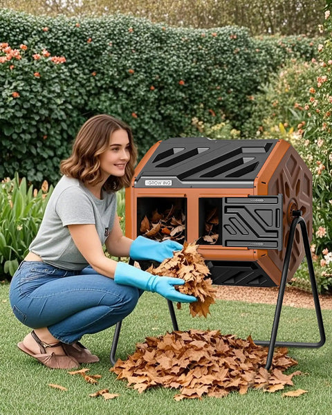 Woman using 43 Gallon Dual Chamber Compost Bin With Built In Nuts And Thermometer For Outdoor Rotating Composter Tumbler in backyard