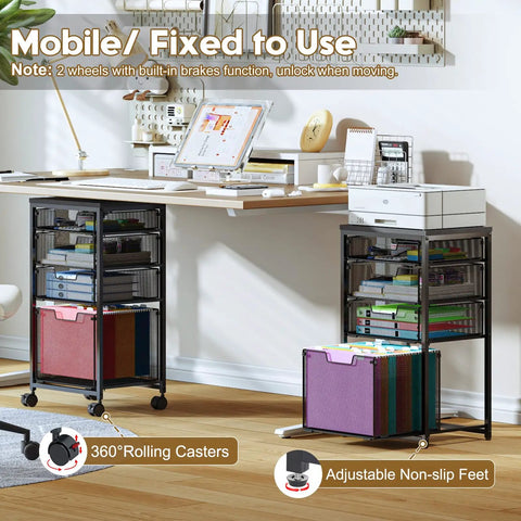 Rolling File Cart With Four Drawers And Printer Stand On Wheels Mobile Filing Cabinet For Home Office Hanging File Organizer Under Desk Storage Printer Shelf Black