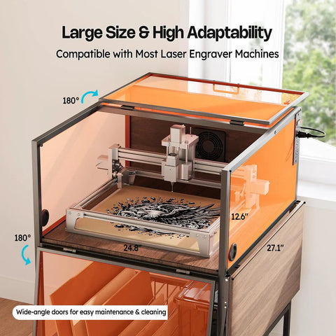 Laser Engraver Enclosure Cabinet With Exhaust And Ventilation Fan, heavy-duty protective cover tent, universal fit showing dimensions.