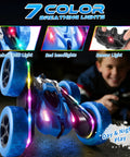 4WD Remote Control Stunt Car With 360 Degree Flip Double Sided RC Cars LED Light Bar USB C Modular Battery 2 4 GHz Outdoor Beach Toy For Boys Ages 6 To 12 A Perfect Birthday And Christmas Gift displaying colorful LED lights and RGB wheels.