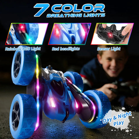 4WD Remote Control Stunt Car With 360 Degree Flip Double Sided RC Cars LED Light Bar USB C Modular Battery 2 4 GHz Outdoor Beach Toy For Boys Ages 6 To 12 A Perfect Birthday And Christmas Gift displaying colorful LED lights and RGB wheels.