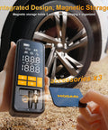 Cordless Tire Inflator Portable Air Compressor With Auto Shut Off And Gauge 160 PSI Fast Inflation For Cars Trucks Bikes And SUVs Travel Ready Lightweight Emergency Tire Pump showing magnetic parts storage and tire illustration