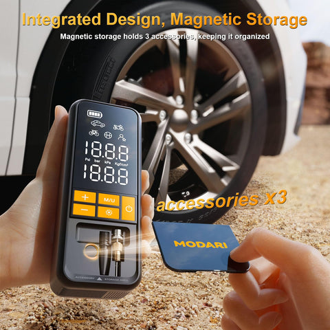 Cordless Tire Inflator Portable Air Compressor With Auto Shut Off And Gauge 160 PSI Fast Inflation For Cars Trucks Bikes And SUVs Travel Ready Lightweight Emergency Tire Pump showing magnetic parts storage and tire illustration