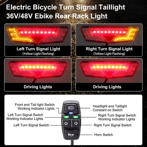 Turn Signals Light Kit For Electric Bikes And Scooters With Front 400 Lumen Headlight And Rear Taillight, 80mm Mount Bracket Spacing For 50mm Rack Holes, Includes Handlebar Control Switch And 12V To 48V Compatibility