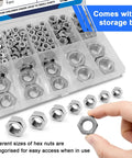Assorted Stainless Steel Hex Nuts Kit M3 M4 M5 M6 M8 M10 M12 145 Pieces 304 Stainless Steel Hardware Set in box
