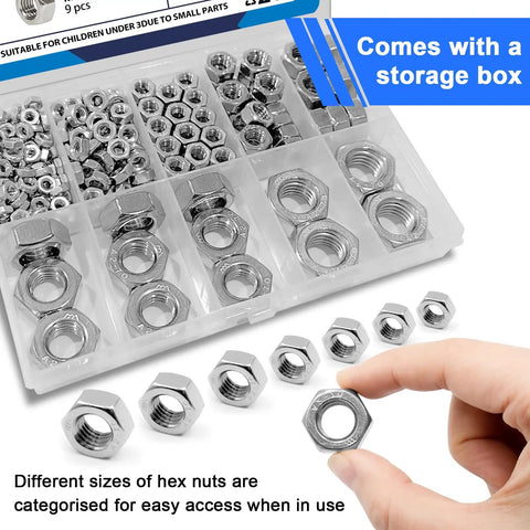 Assorted Stainless Steel Hex Nuts Kit M3 M4 M5 M6 M8 M10 M12 145 Pieces 304 Stainless Steel Hardware Set in box