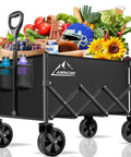 Heavy Duty Collapsible Wagon Cart With 350 Lb Capacity And All Terrain Wheels For Camping, Grocery Shopping, Garden And Sports, Large Foldable Utility Wagon With Adjustable Handle For Easy Towing On Any Terrain, Black loaded with groceries.