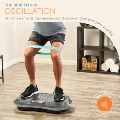 Person using Waver Vibration Plate Exercise Machine With High Intensity Full Body Vibration For Muscle Activation, Loop Bands