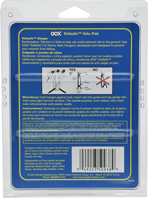 Back packaging of Value Pack Picture Hangers Set showing instructions and safe use for hanging artwork, 17 piece kit
