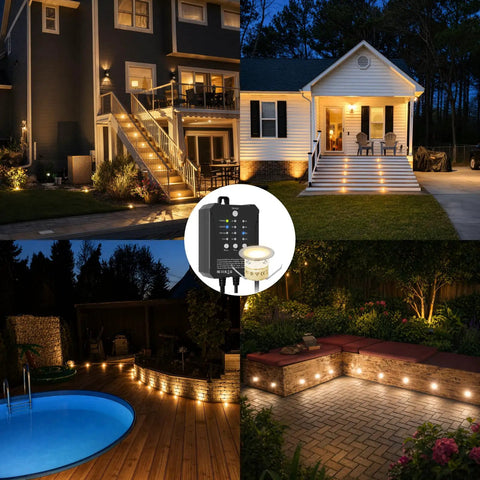 Recessed Deck Stair Lighting Kit With Timer Sensor And Photocell Dimmable 12V Low Voltage LED Step Lights IP67 Waterproof 16 Pack illuminating outdoor areas