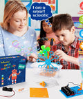 Kids building bubble machine from Six Piece Robot Kit Set For Kids 5 To 12 Build Reptile Robot Balance Car Bubble Machine Fiber Lamp And Sliding Plane With Motors Hands On STEM Science Experiments Engineering Toys For Boys And Girls Outdoor DIY Projects.