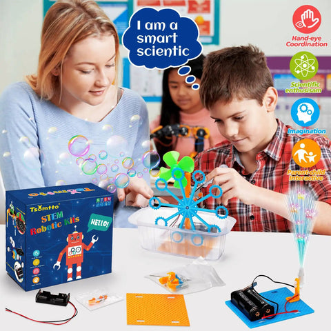 Kids building bubble machine from Six Piece Robot Kit Set For Kids 5 To 12 Build Reptile Robot Balance Car Bubble Machine Fiber Lamp And Sliding Plane With Motors Hands On STEM Science Experiments Engineering Toys For Boys And Girls Outdoor DIY Projects.